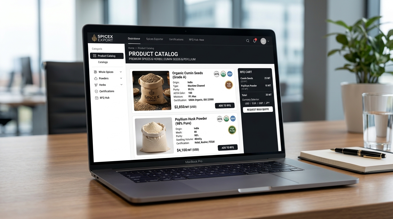 Modern B2B Spices Exporter Web Platform with ASTA Specs and RFQ Cart